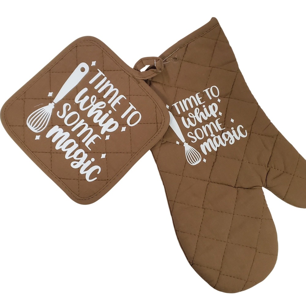 Time to Whip Some Magic Oven Mitt and Pot Holder Set Brown Quilted Kitchenware